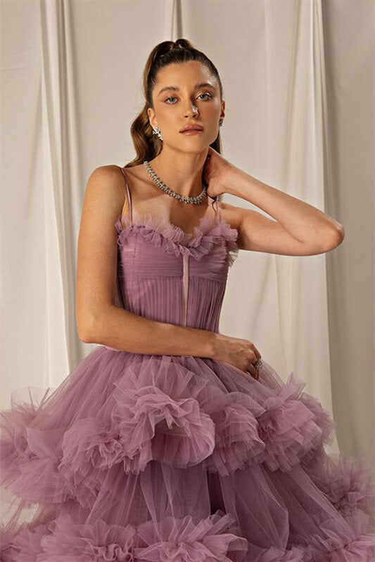 Tulle A-line Tiered Spaghetti-Straps Long Prom Dress - VelvetHem