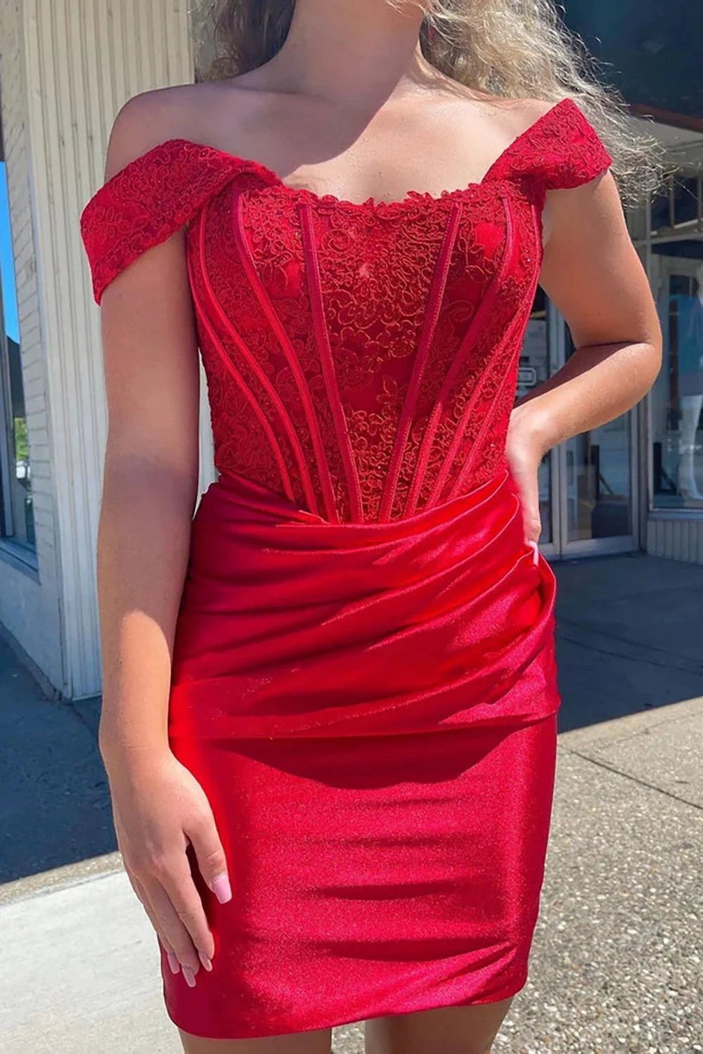 Cute Red Off the Shoulder Satin Homecoming Dresses with Lace (ZD11432)