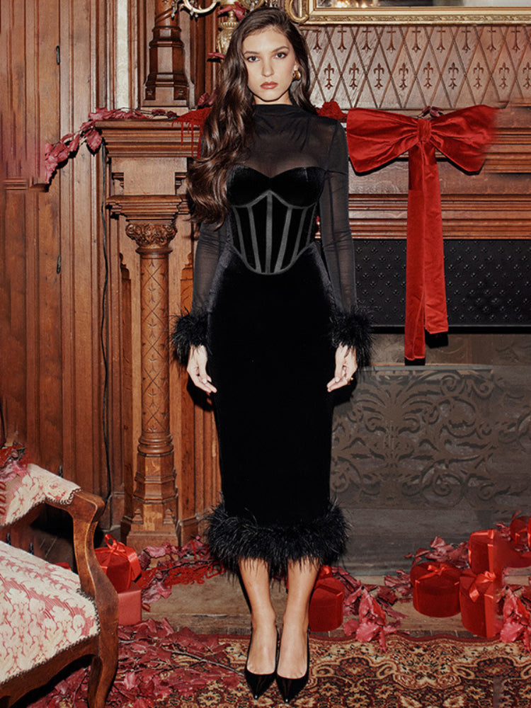 TARUXY Mesh Splice Maxi Dress Women High Waist Slim Feather Temperament Dresses Female Party Retro Elegant Evening Dress Woman - VelvetHem