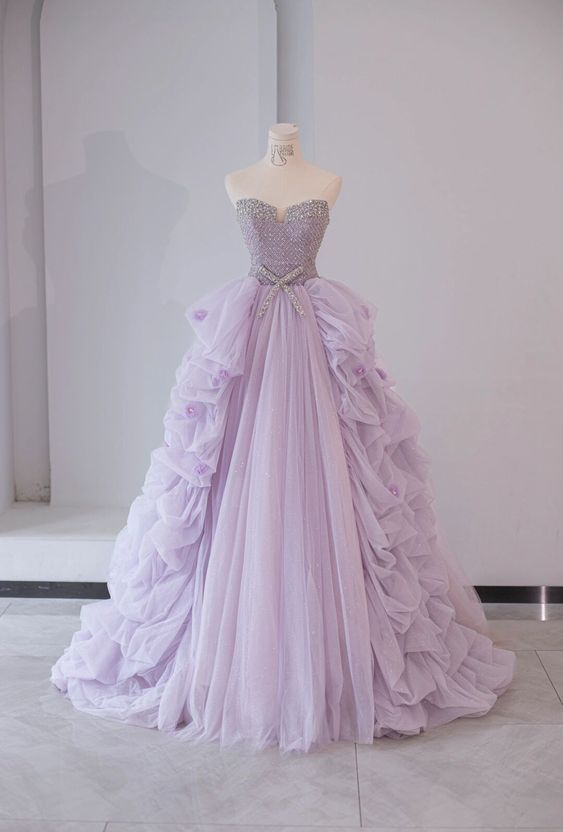 Fairy beaded Tulle Tiered Pleated Lilac Prom Dress Sweet 16 Dress Ball Gown - VelvetHem