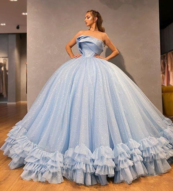 Sparkly Ball Gown Prom Dresses Strapless Puffy Bling Bling Evening Gowns Floor Length Backless Ruffles Party Dress - VelvetHem