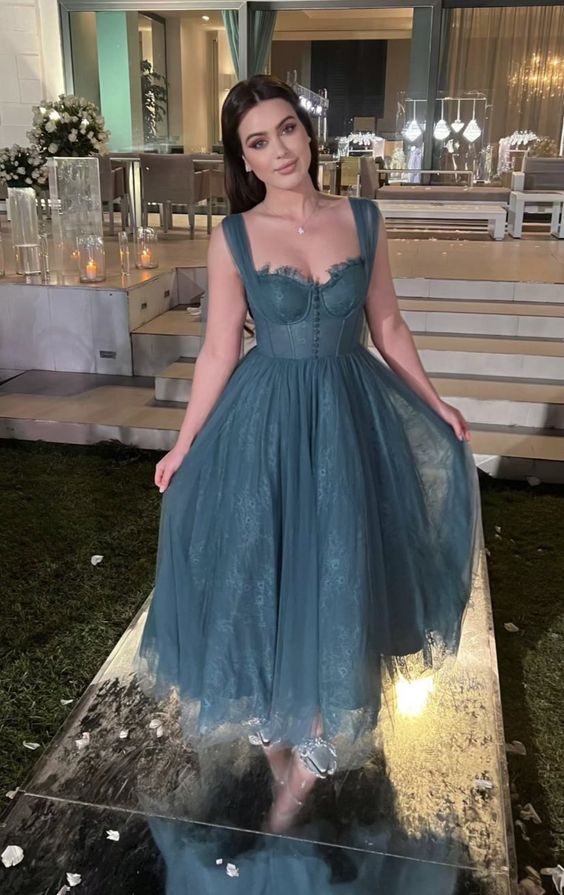 Gray Blue Straps Lace Tulle Popular Modest Prom Dress - VelvetHem
