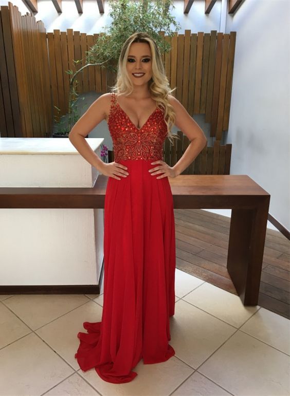 Gorgeous Red Crystals Straps Sleeveless A-line Chiffon Prom Dress - VelvetHem