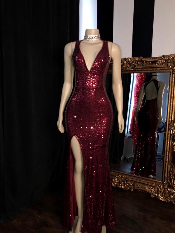Burgundy sequin long prom dress - VelvetHem