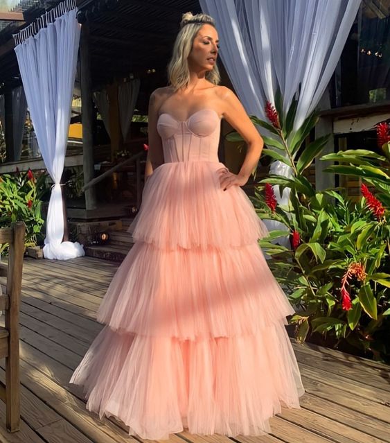 Pink tulle prom dresses long evening dress - VelvetHem