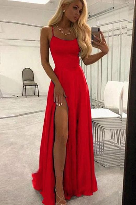Unique A Line Red Spaghetti Straps Satin Prom Dresses, Long Cheap Evening Dresses - VelvetHem