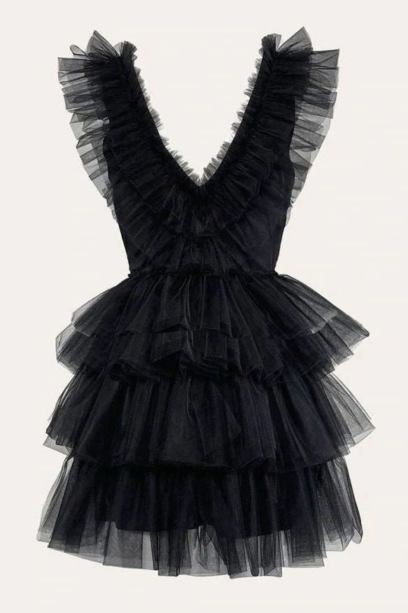 A Line V Neck Tiered Homecoming Dress, Tulle Short Prom Party Dress