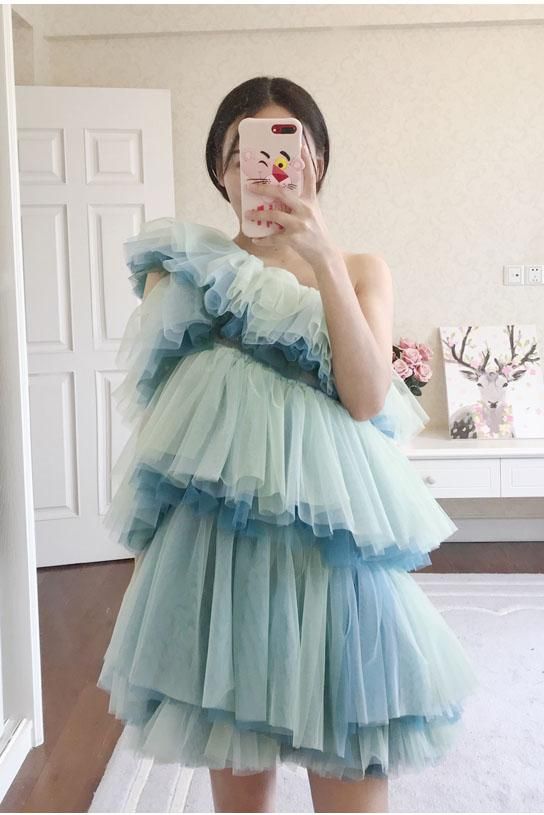Unique One Shoulder Tulle Homecoming Dress, Short Layers Party Dress