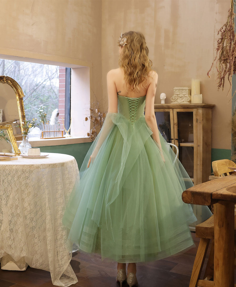 Green Tulle Lace Tea Length Prom Dress Green Tulle Formal Dress