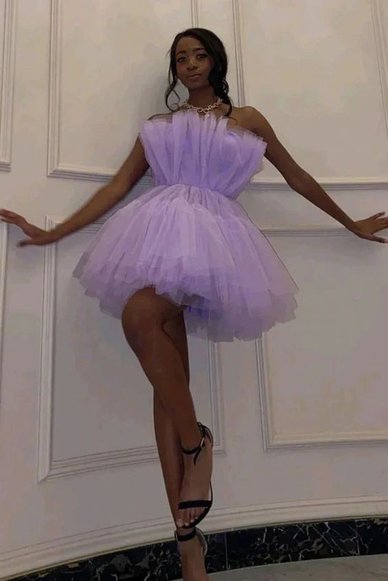 Lavender Strapless Tulle Short Homecoming Dress, Short Prom Gown