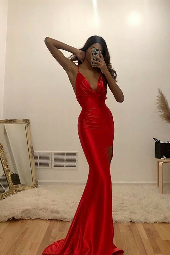 Mermaid Red Long Prom Dresses with Train, Formal Dresses, Mermaid Evening Dresses - VelvetHem