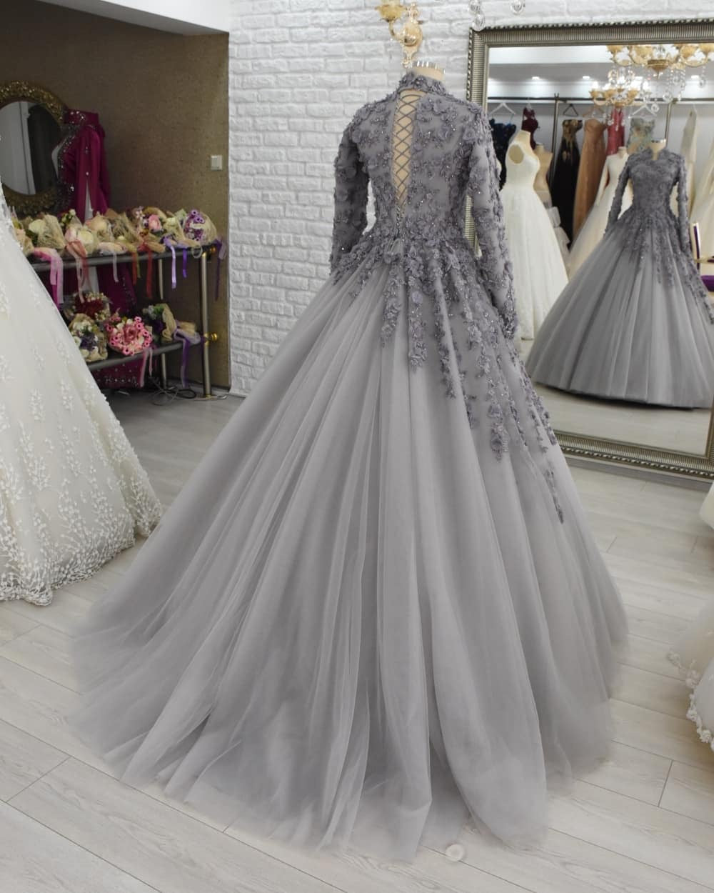 Long Sleeves Grey Formal Occasion Dresses Evening Gowns - View 2 | VelvetHem