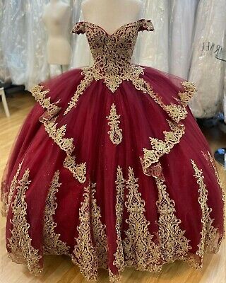 Burgundy Gold Quinceanera Dresses Glitter Tulle Ball Gown Off Shoulder Sweet 16 - VelvetHem
