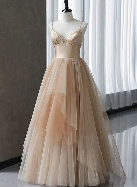 Champagne Tulle Gradient Tulle Straps Long Evening Dress, Charming Formal Gown - VelvetHem