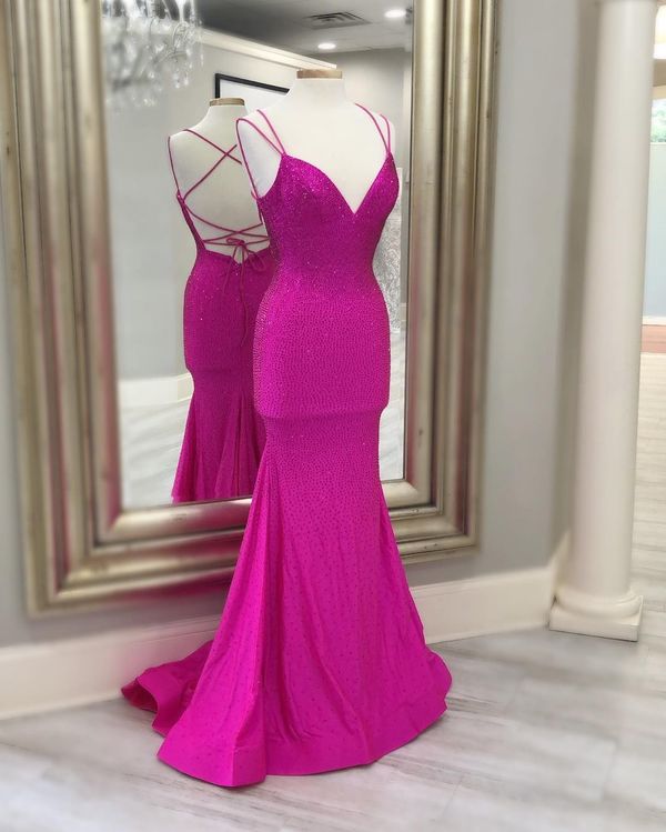 Mermaid Hot Pink Beaded Long Prom Dress - VelvetHem