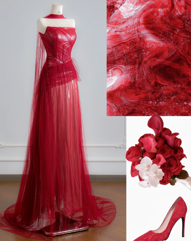 Strapless Red A Line Prom Dress Tulle Birthday Outfit Evening Dress - VelvetHem