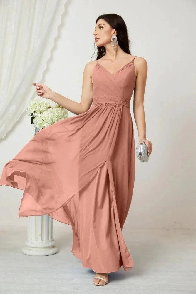 Numbersea Chiffon V-Neck Bridesmaid Dress Spaghetti Strap Long Formal Party Prom Gowns with Slit 28010 by numbersea
