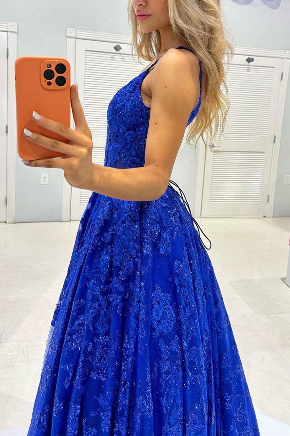 Gorgeous A Line Spaghetti Straps Royal Blue Long Prom Dress with Appliques - View 3 | VelvetHem