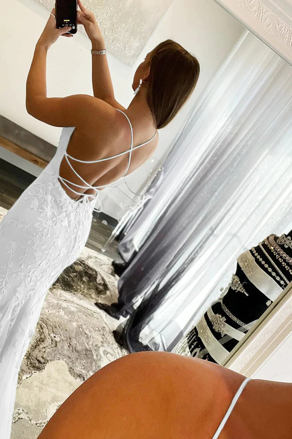 Mermaid Spaghetti Straps Hot Pink Long Prom Dress with Appliques - View 13 | VelvetHem
