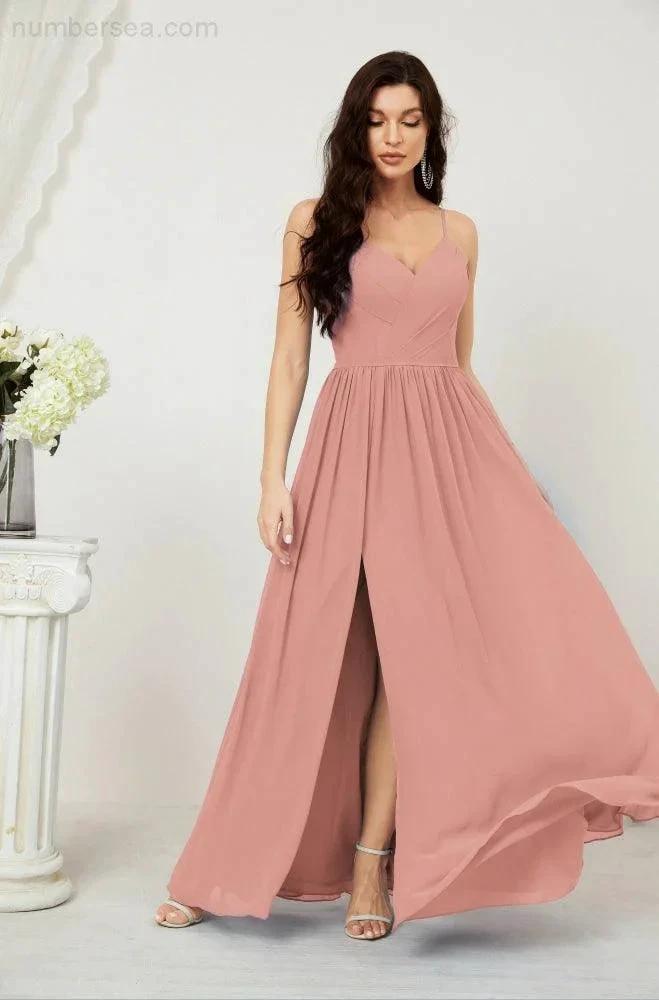 ZapDress Neck Bridesmaid Dresses Chiffon Long Spaghetti A-line Formal Prom Gown for Wedding Party Evening 2801 (ZD16961)