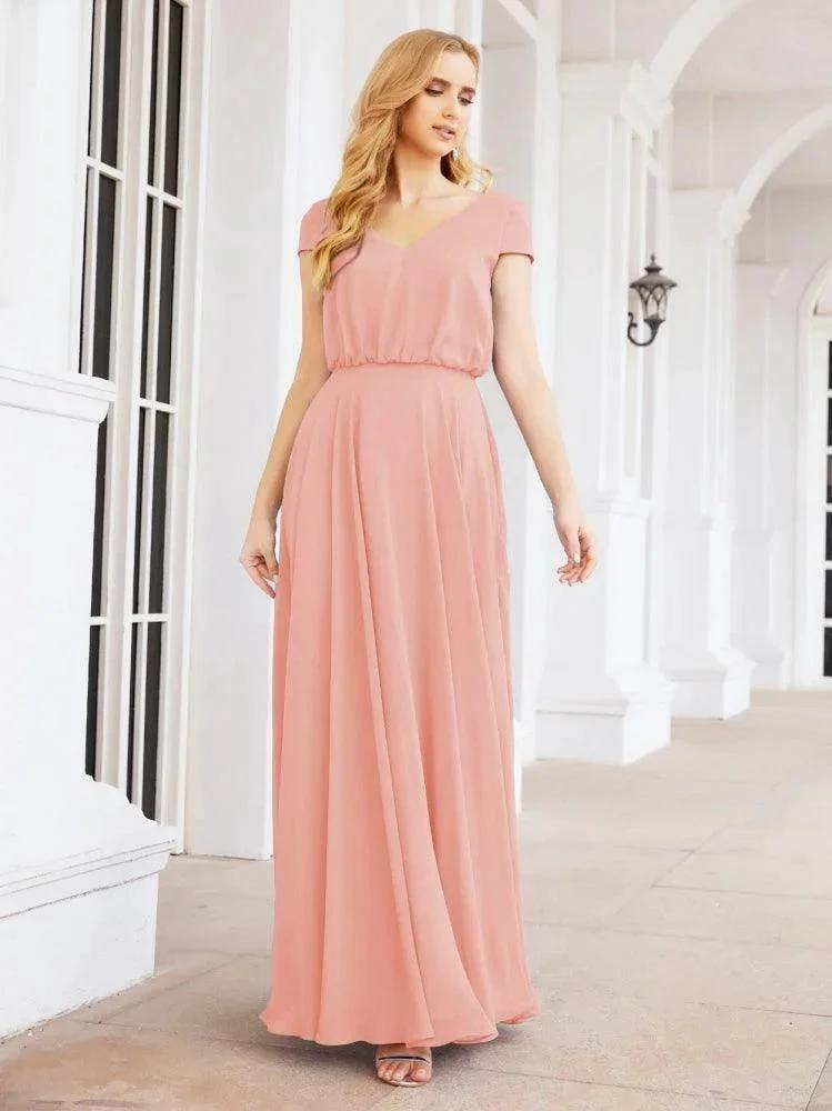 Numbersea V-Neck Bridesmaid Dresses Long Cap Sleeves Prom Evening Formal Gowns 28071 by numbersea