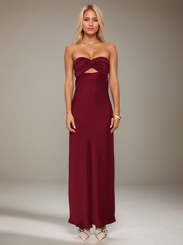 Wine Red Satin Sweetheart Neckline Sleeveless Open Back Ankle Length Sheath Dress - VelvetHem