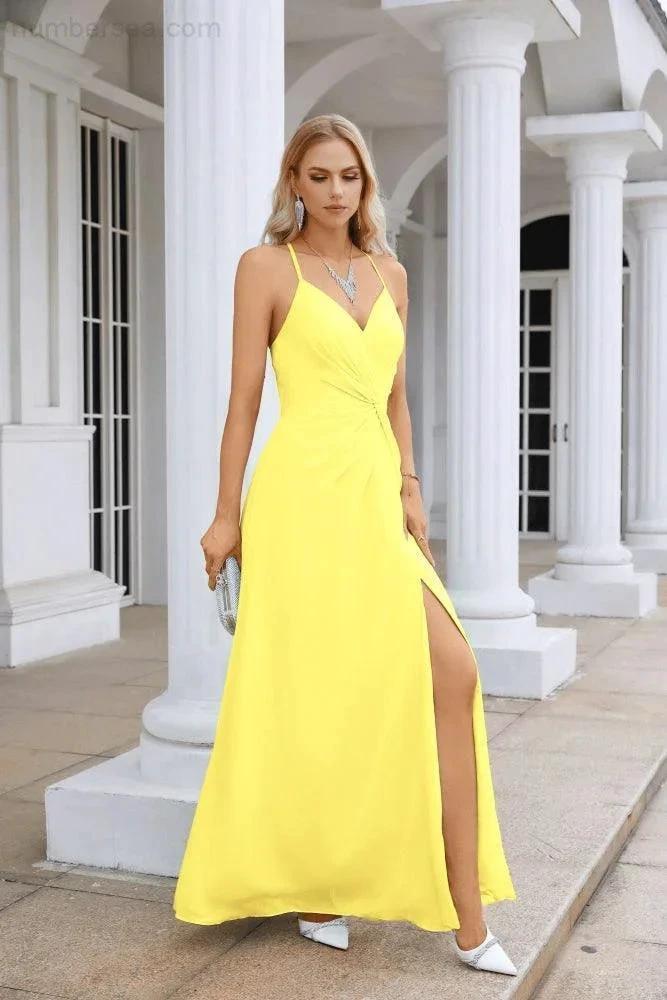Ladies Chiffon Spaghetti Strap V Neck Front Slit Floor Length Bridesmaid Evening Dress Prom Party Wedding Evening Dress 28116 (ZD17012)