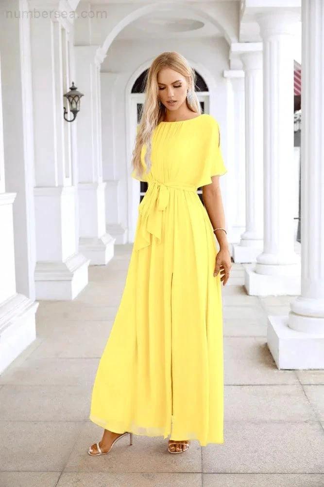 Ladies Chiffon Sleeve Crew Neck Front Slit Floor Length Bridesmaid Evening Dress Wedding Party Evening Dress 28124 (ZD17007)