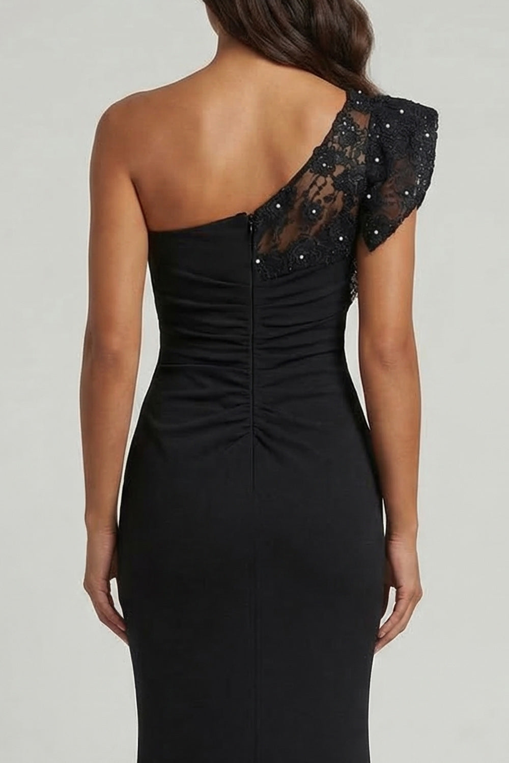 Black One Shoulder Mermaid Beaded Long Mother of the Bride Dress with Lace