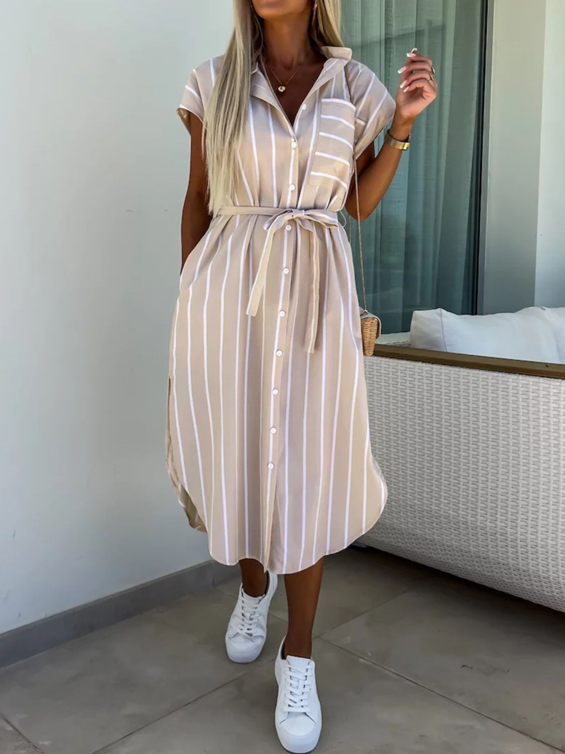 Charlotte Elevated Striped Midi Dress with Buttons Everyday Luxe Edit