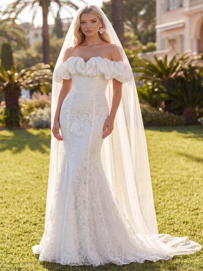 White Mermaid Floral Lace Sweep Train Wedding Dress - VelvetHem