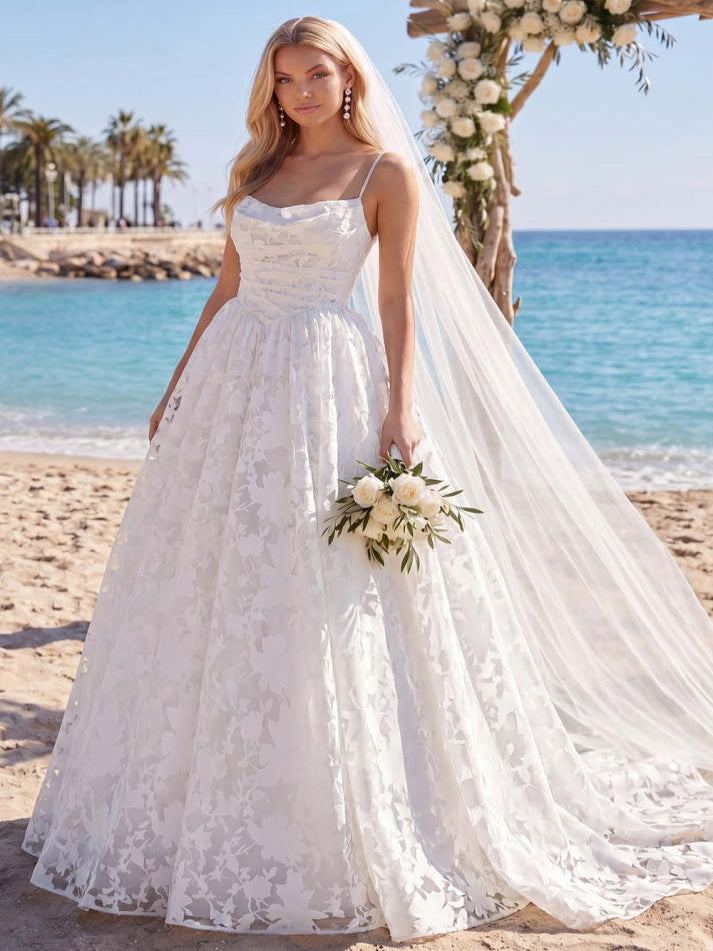 Lace Floral White A Line Spaghetti Straps Sweep Train Wedding Dress - VelvetHem