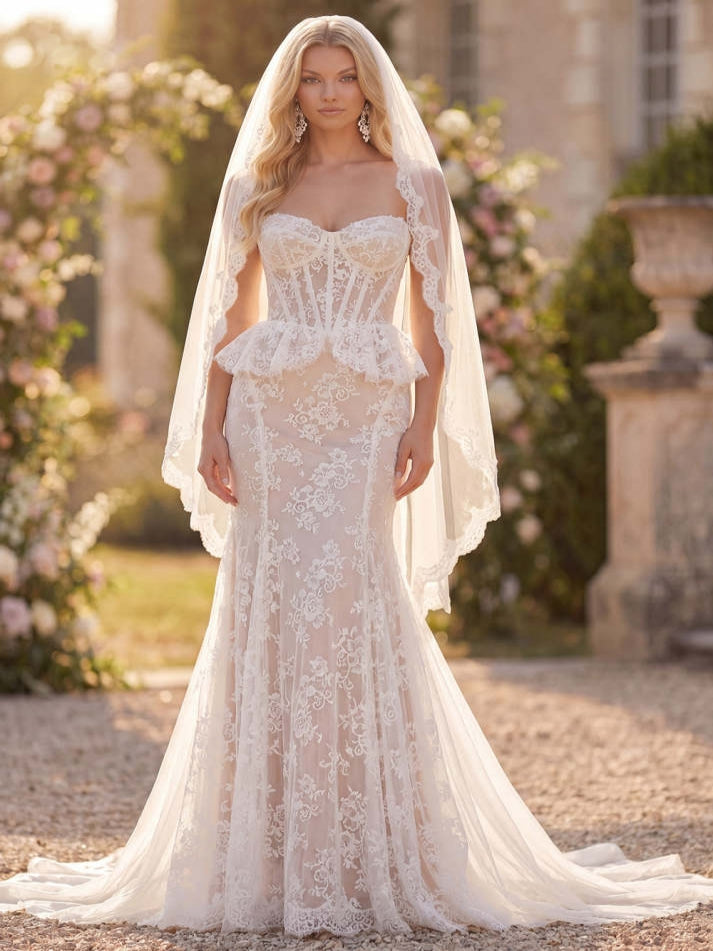 Mermaid White Lace Floral Corset Sweep Train Wedding Dress - VelvetHem