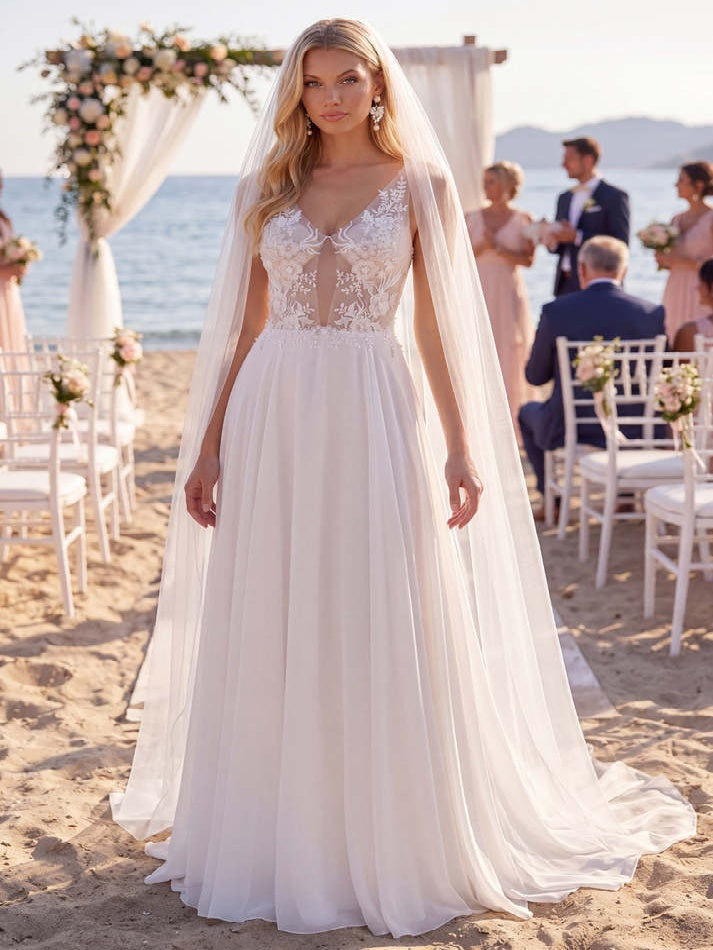 White A Line Floral Appliqued V Neck Floor-Length Wedding Dress - VelvetHem