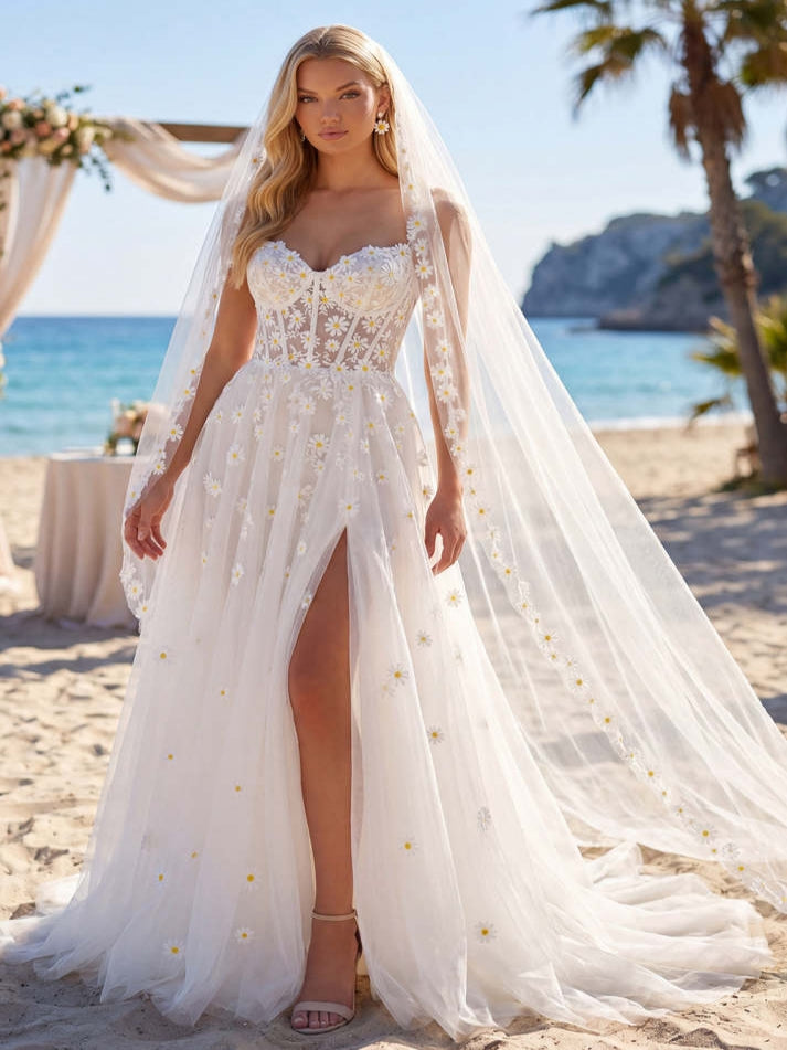 A Line White Floral Corset Floor-Length Tulle Wedding Dress