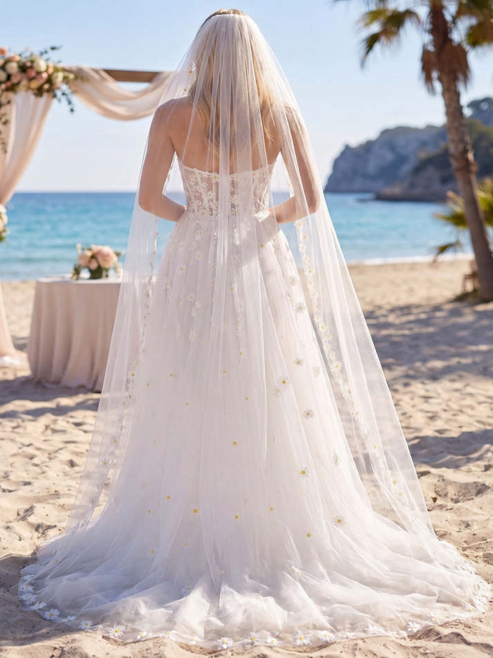 A Line White Floral Corset Floor-Length Tulle Wedding Dress