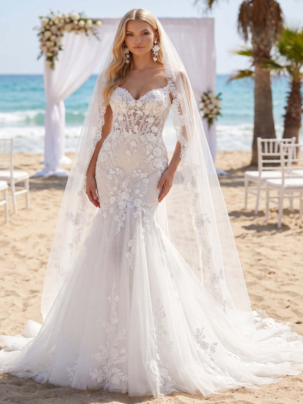 Spaghetti Straps White Lace Floral Floor-Length Beach Wedding Dress - VelvetHem