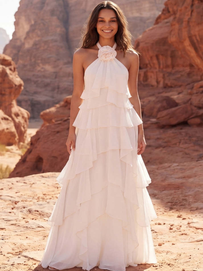 Ivory Tiered A Line Ruffled Long Western Wedding Dress