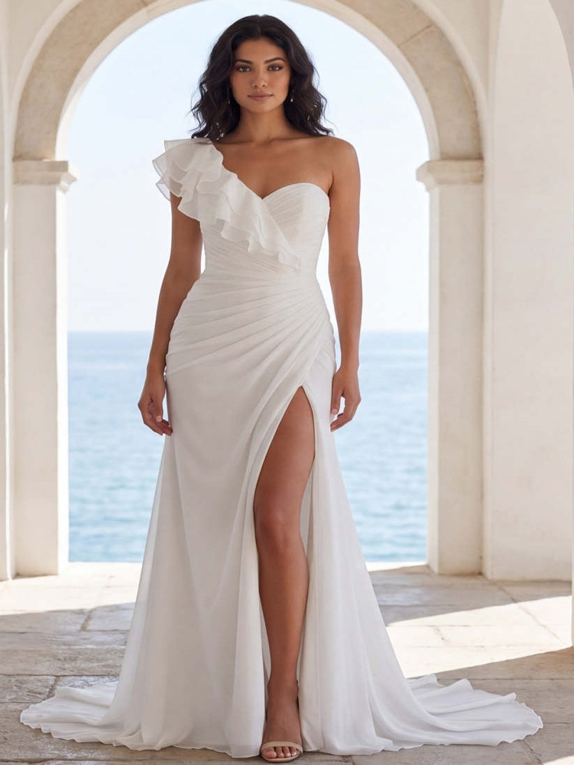 One Shoulder Ruffled Ivory Mermaid Long Beach Wedding Dress with Slit - VelvetHem