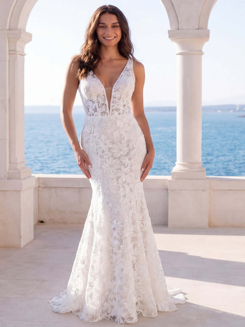 Floral Ivory Lace Mermaid Boho Long Beach Wedding Dress - VelvetHem