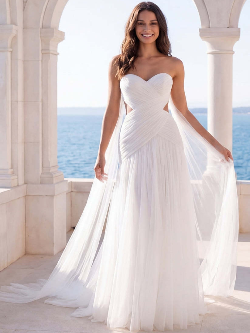 Pleated A Line Ivory Long Beach Wedding Dress - VelvetHem