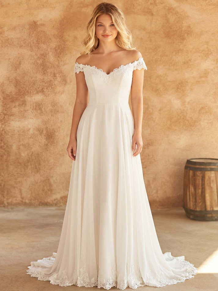 White A Line Off the Shoulder Swep Train Wedding Dress with Lace - VelvetHem