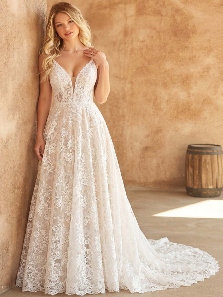 White A Line Lace V-Neck Backless Swep Train Wedding Dress