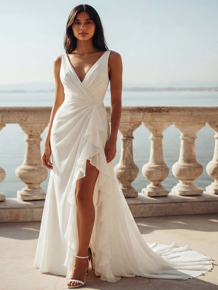 White V-Neck Ruffled Swep Train Beach Wedding Dress with Slit - VelvetHem