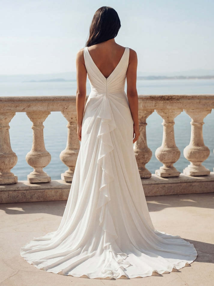 White V-Neck Ruffled Swep Train Beach Wedding Dress with Slit