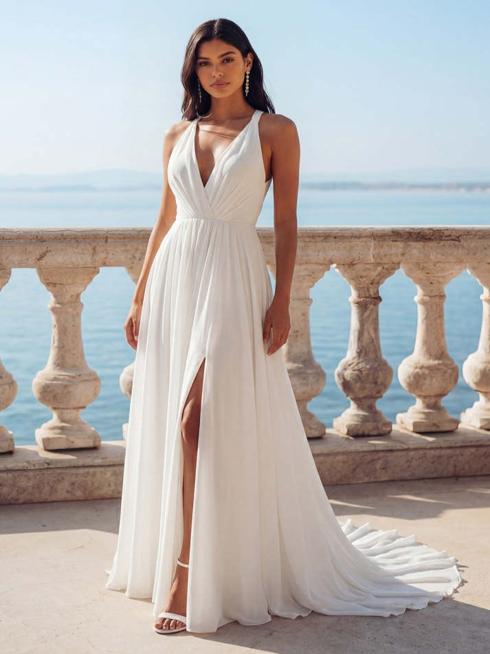 White V-Neck A Line Swep Train Beach Wedding Dress with Slit - VelvetHem