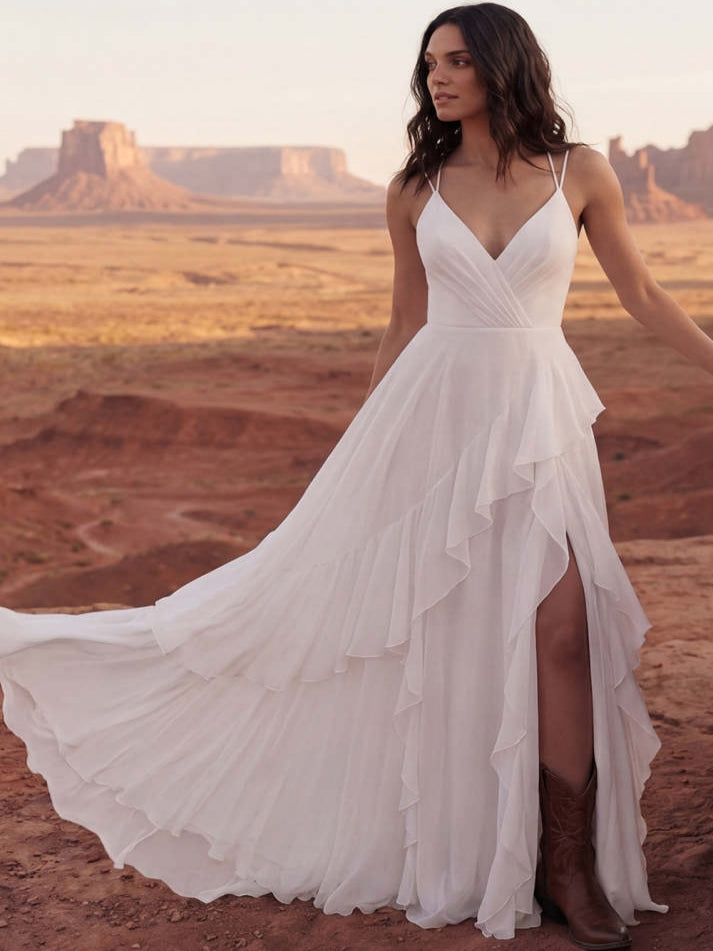 White A Line Swep Train Western Boho Wedding Dress with Ruffles