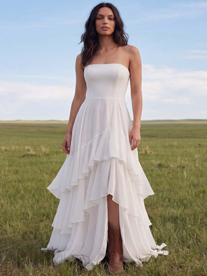White Strapless A Line Swep Train Tiered Western Wedding Dress with Ruffles - VelvetHem