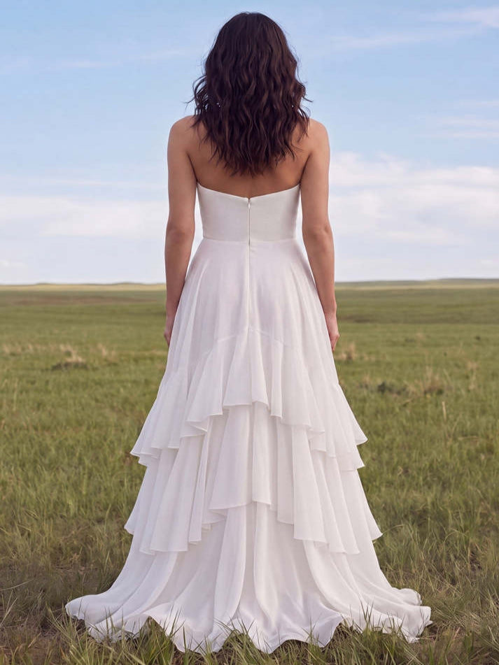 White Strapless A Line Swep Train Tiered Western Wedding Dress with Ruffles