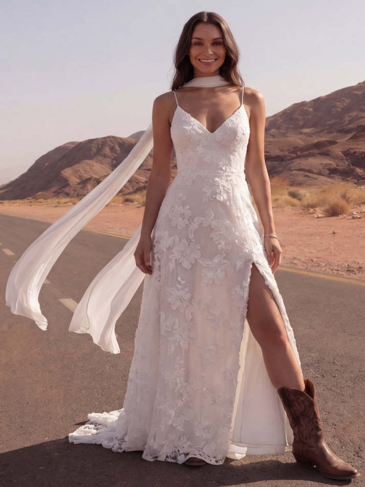 White Lace Embroidered A Line Swep Train Boho Wedding Dress with Slit - VelvetHem